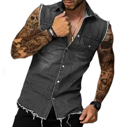 Men's Raw Trim Denim Vests Flap Pocket Sleeveless Shirt